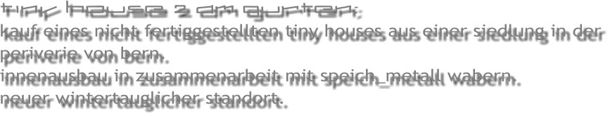tiny house 2 am gurten; kauf eines nicht fertiggestellten tiny houses aus einer siedlung in der periverie von bern.  innenausbau in zusammenarbeit mit speich_metall wabern. neuer wintertauglicher standort.