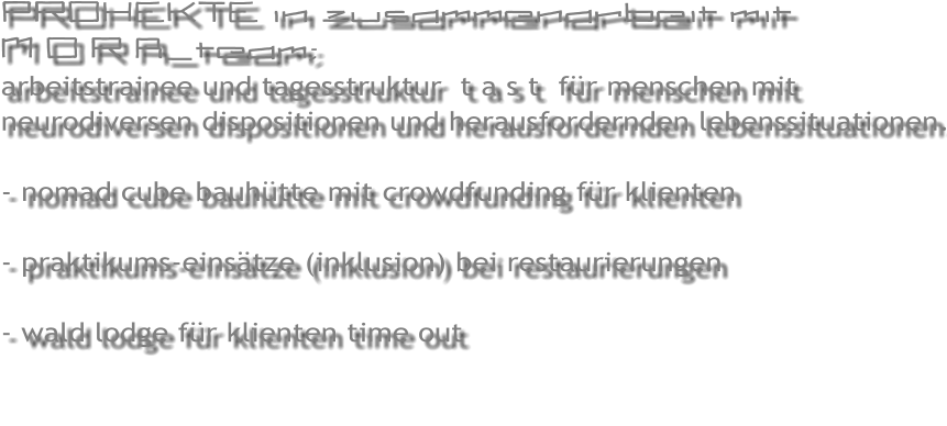PROHEKTE in zusammenarbeit mit  M O R A_team; arbeitstrainee und tagesstruktur  t a s t  f�r menschen mit neurodiversen dispositionen und herausfordernden lebenssituationen.  - nomad cube bauh�tte mit crowdfunding f�r klienten  - praktikums-eins�tze (inklusion) bei restaurierungen  - wald lodge f�r klienten time out